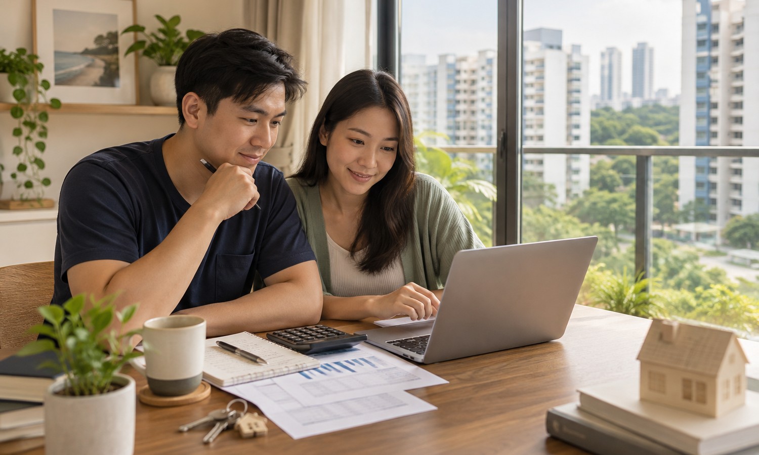 Couple estimating home loan amount and property budget in Singapore