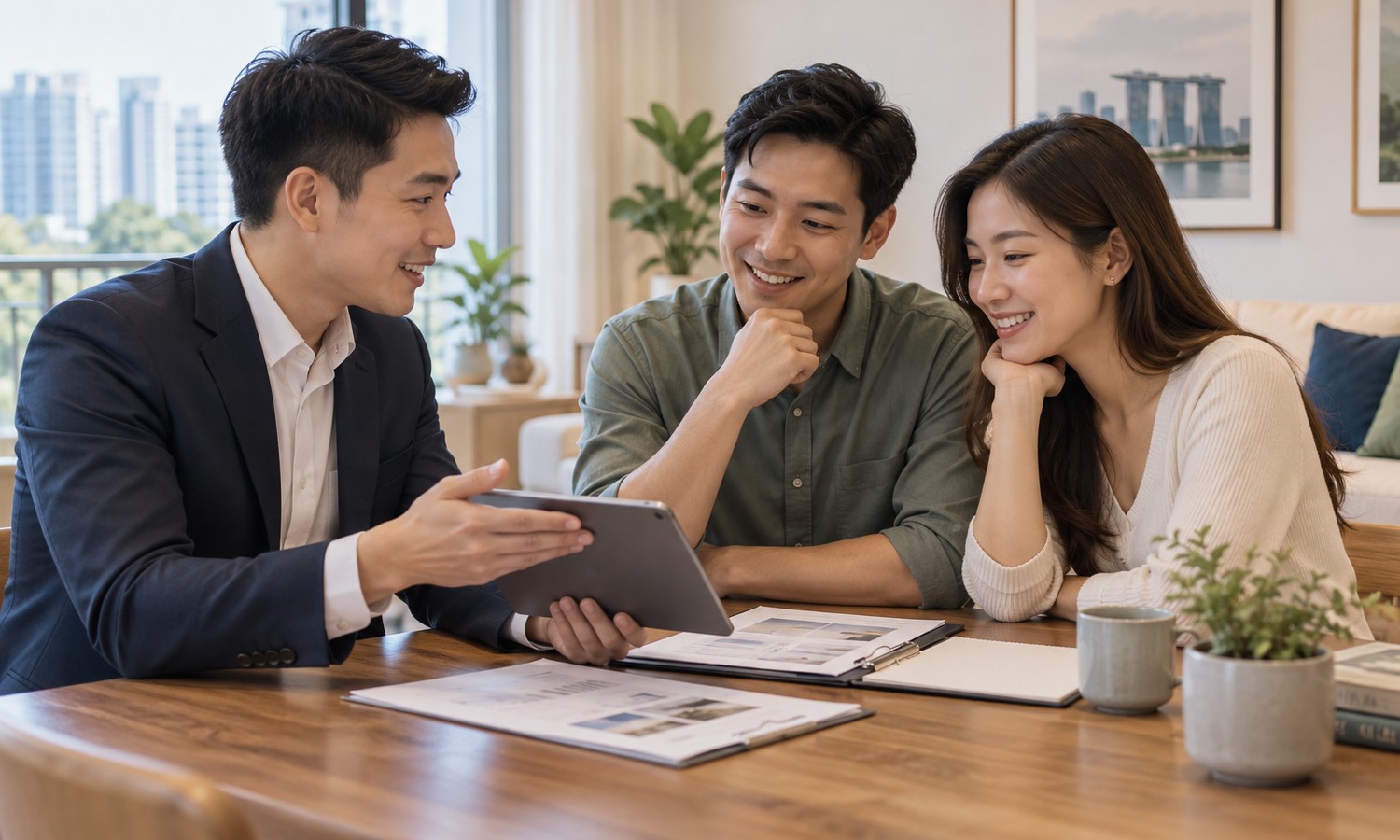 Mortgage advisor explaining home loan options to a couple in Singapore